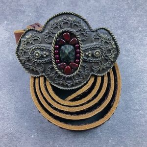 CABI Leather Belt Ornate Stone Buckle L Dark Brown